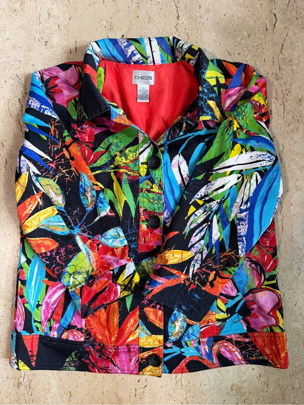 CHICO'S Tropical Floral Abstract Lightweight Button Front Jacket/Blazer Medium